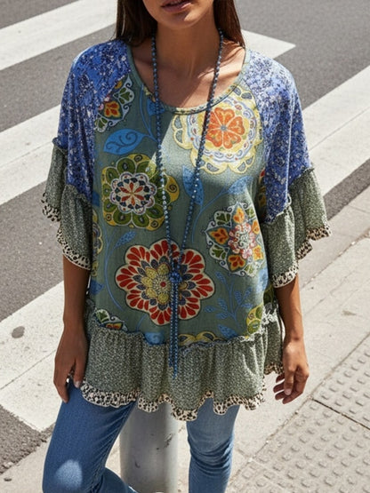 Mixed Floral Print Loose Top, Leopard Print Patchwork, Flared Three-quarter Sleeves, Women's Clothing