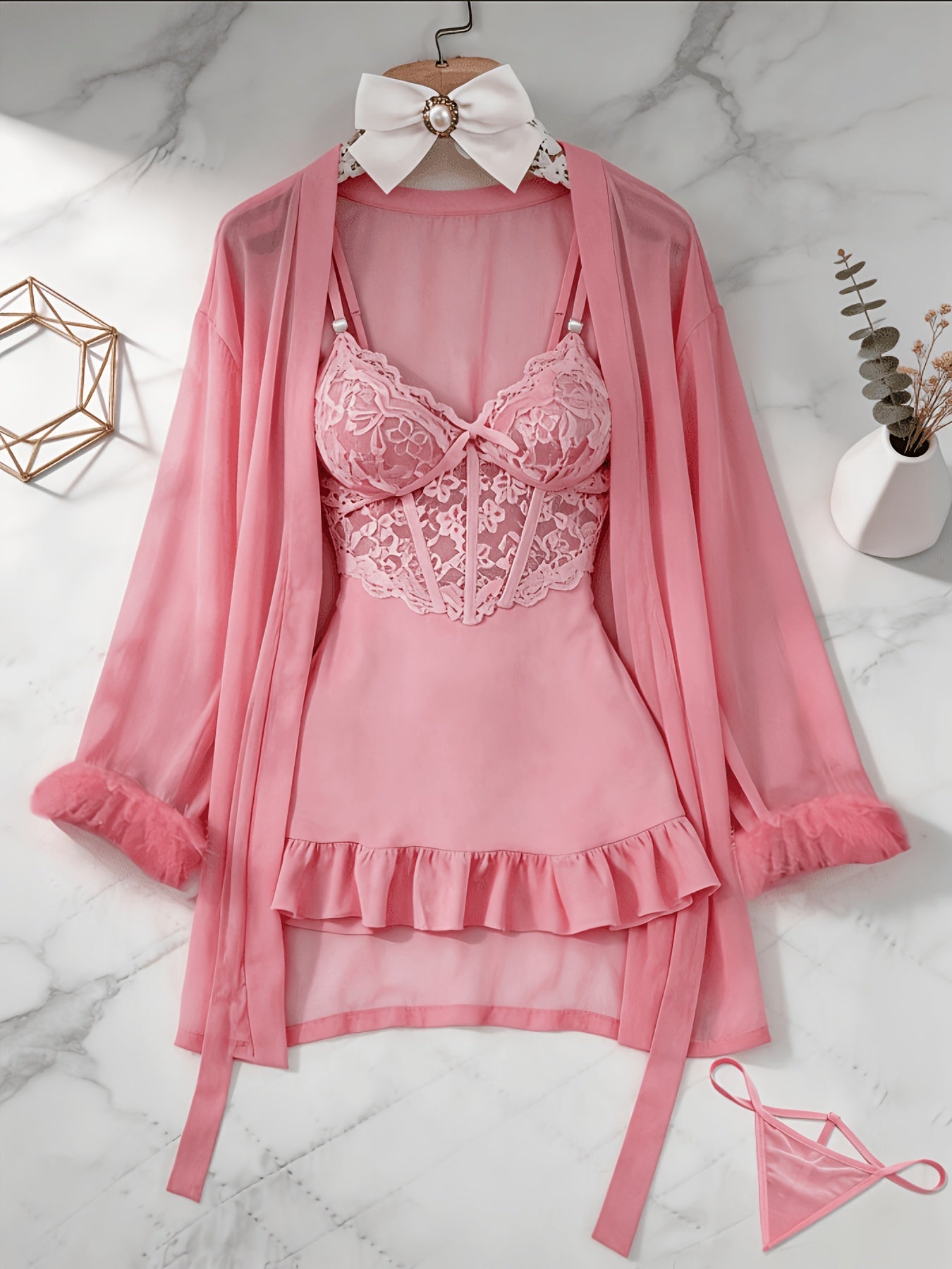 [3pcs Sheer Lace Set] Women's Lingerie 3pcs Sheer Lace Babydoll Set With Robe And Panty See Through Trim Mesh Sleepwear Sexy Nightwear