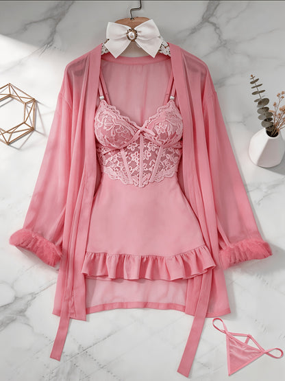 [3pcs Sheer Lace Set] Women's Lingerie 3pcs Sheer Lace Babydoll Set With Robe And Panty See Through Trim Mesh Sleepwear Sexy Nightwear