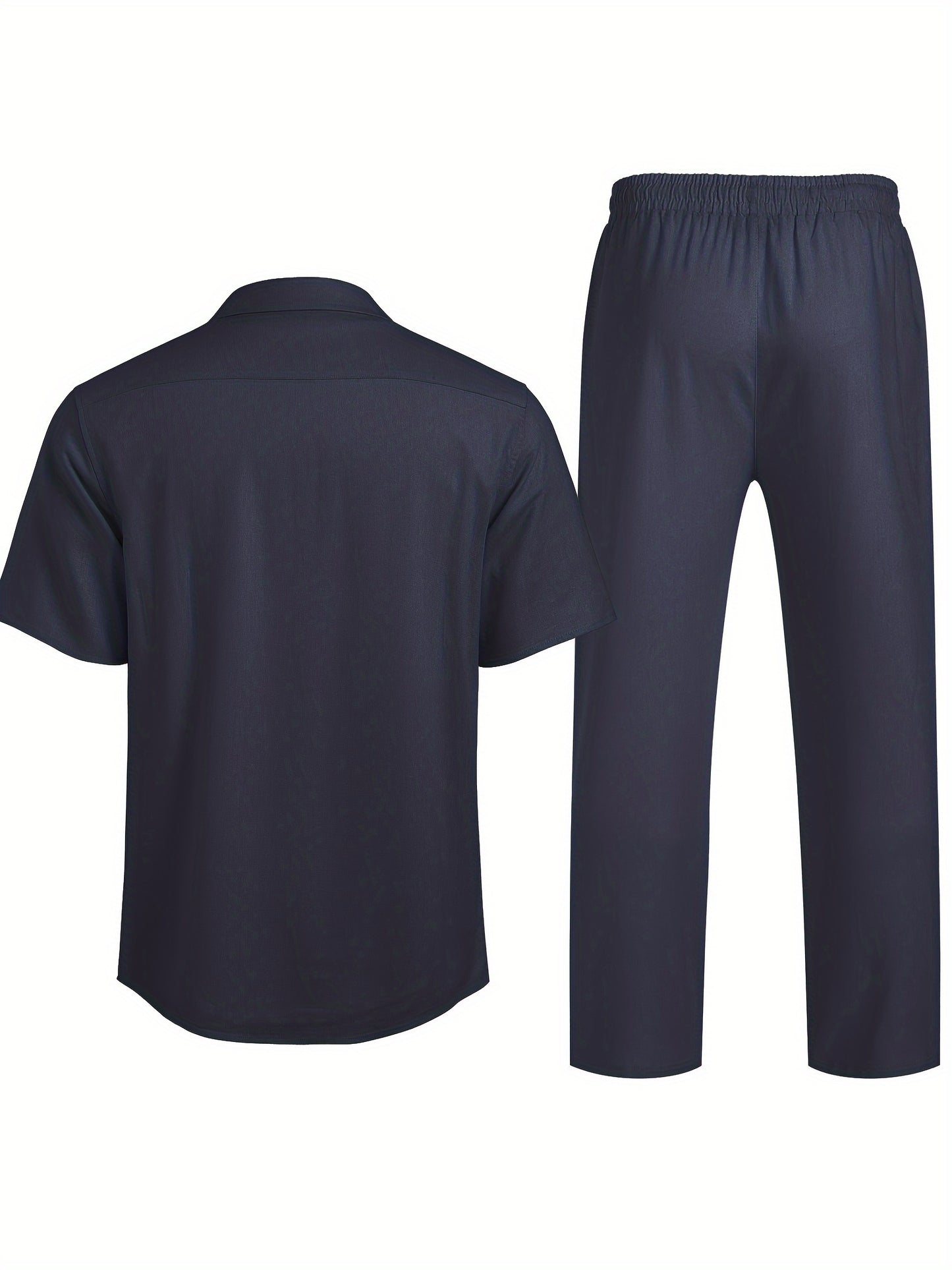 Men 2pcs Linen Outfit Beach Button- Shirt Casual Loose Pant Sets