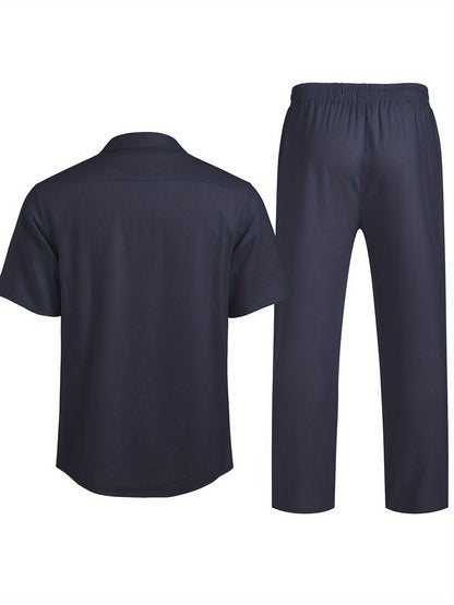 Men 2pcs Linen Outfit Beach Button- Shirt Casual Loose Pant Sets