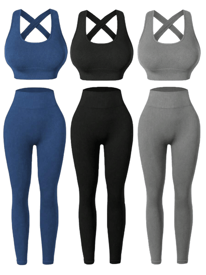 Three Seamless Women'S Activewear Sets High-Stretch Backless Bra And Hip-Lifting Leggings with Crossover Strap Details