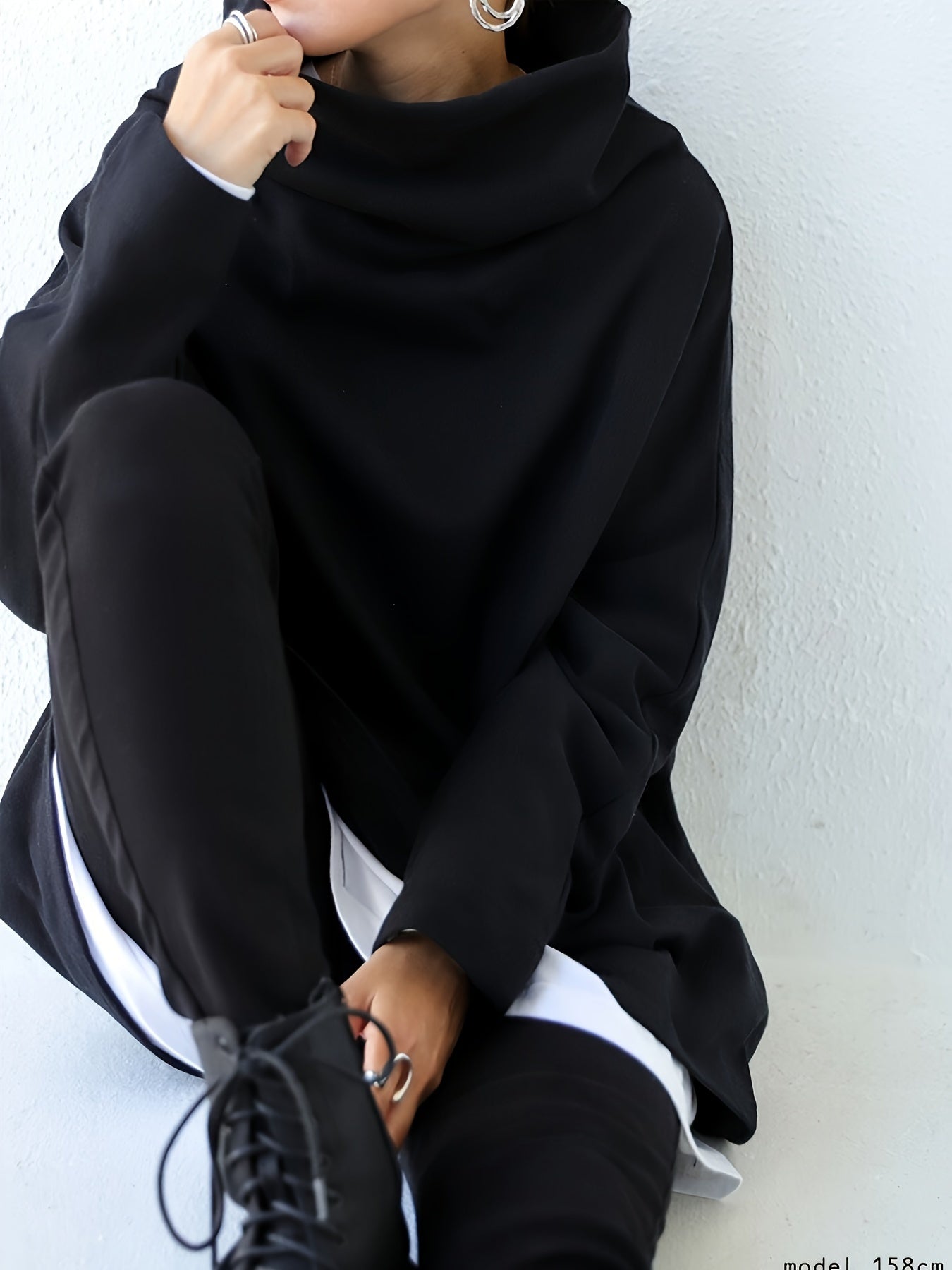 Women's Oversize Simple Tops 2024 New Fashion Casual Solid Color High-Neck Long Sleeve T-Shirt
