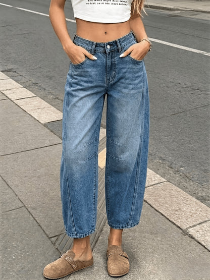 [Loose Women's Jeans] 25AW Women's Back Elastic Waist Loose Straight-Leg Washed Jeans, Loose Sword Wide-Leg Jeans, Loose Drape Dad Pants, Loose Curved Women's Loose Casual Denim Jeans, Mid-Rise Elastic Waist Non-Stretch Fabric Harem Fit Jeans, Women's Non