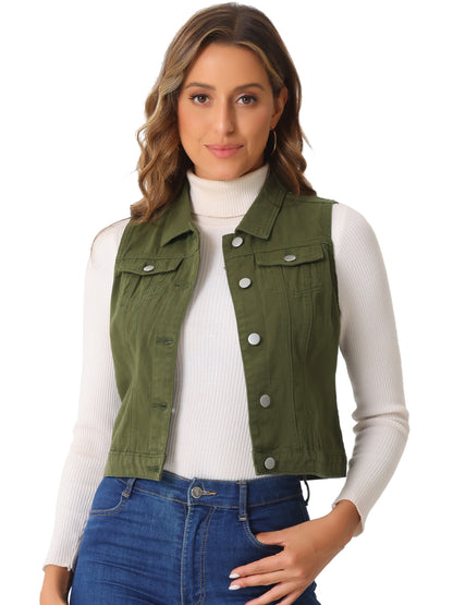 Women's Buttoned Washed Denim Vest Jacket W Chest Flap Pockets