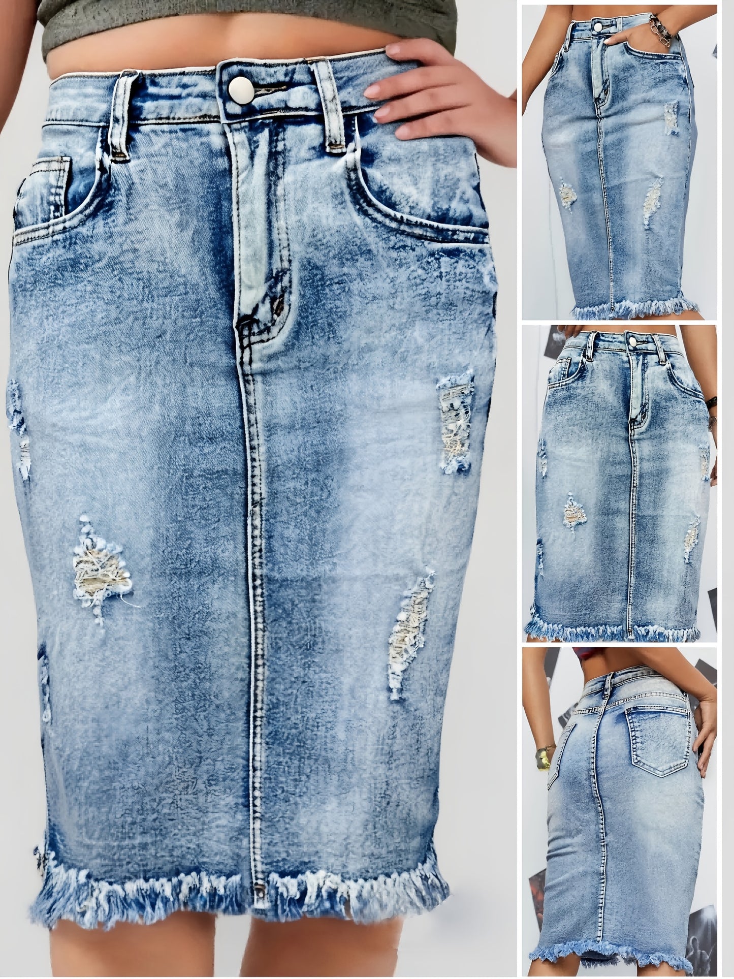 Knee-Length Women'S Denim Skirt Featuring Ripped Accents - Solid Blue with a Frayed Hem, Perfect for Casual Streetwear in Spring, Summer, And Fall. A Blend of Street And Elegant Fashion with Medium Elasticity