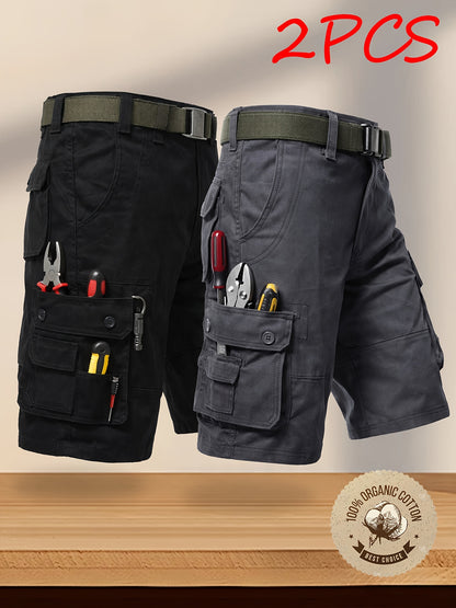 2-Pack Men'S New Multi-Pocket Work Shorts, 100% Pure Skin-Friendly And Breathable Fabric, Running, Travel, And Hiking Shorts, Wrinkle-Resistant And Durable Shorts