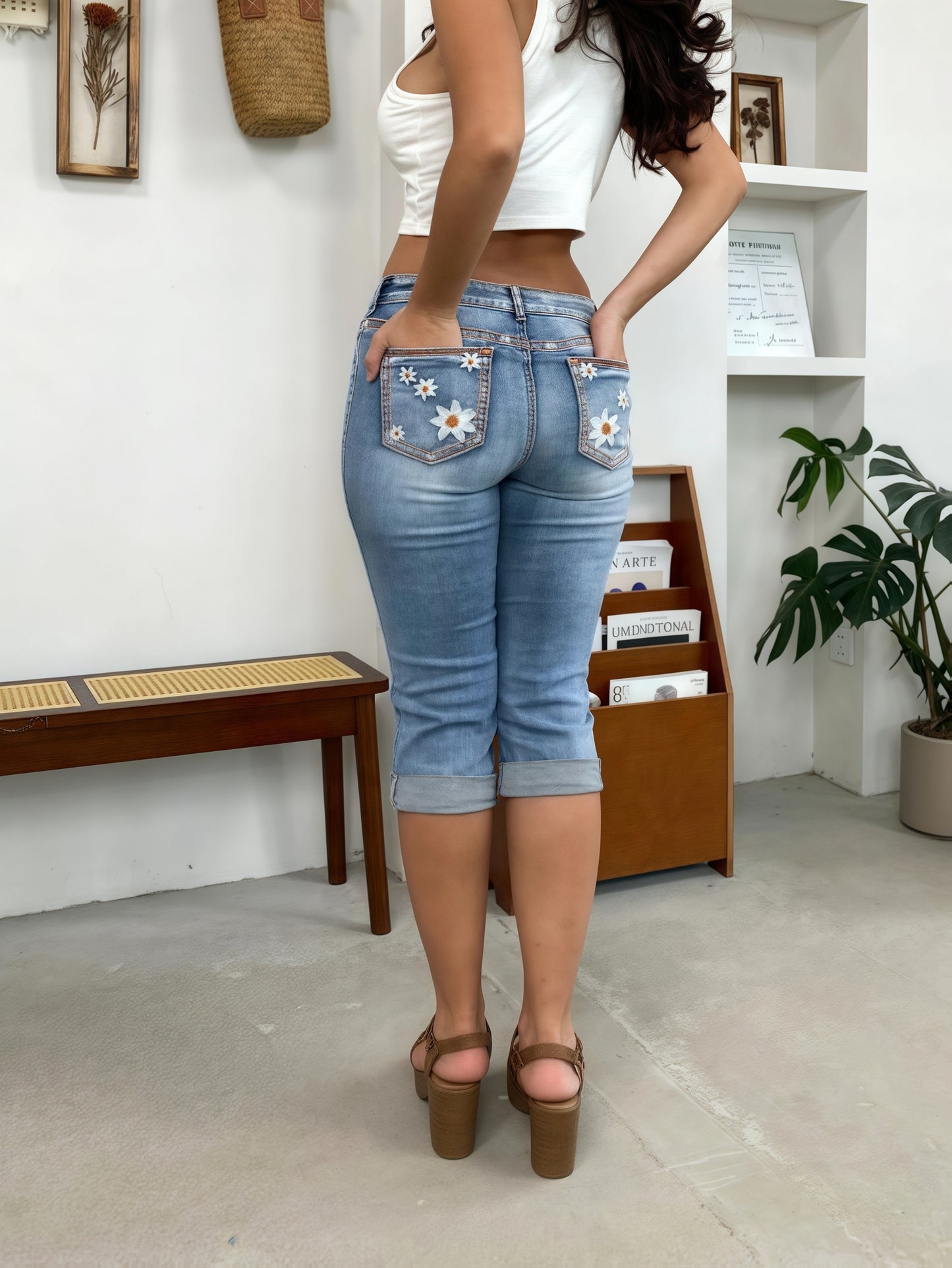[ALSSRO]Women'S Casual And Simple Denim Mid-length Pants, Retro And Trendy, Versatile For More Occasions, Mid-waist Stretch And Figure-hugging To Show Off The Figure, YKK Zipper, Spring And Summer Casual And Fashionable Denim Seven-inch Pants
