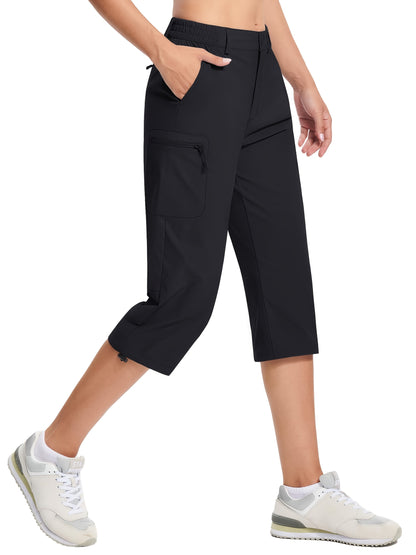 Women'S Summer Hiking Capri Pants - Lightweight, Quick Dry, Stretchy, Zipper Pockets, Adjustable Waist & Cuffs For Outdoor Travel, Hiking, Camping, Fishing, Casual Wear Long Shorts