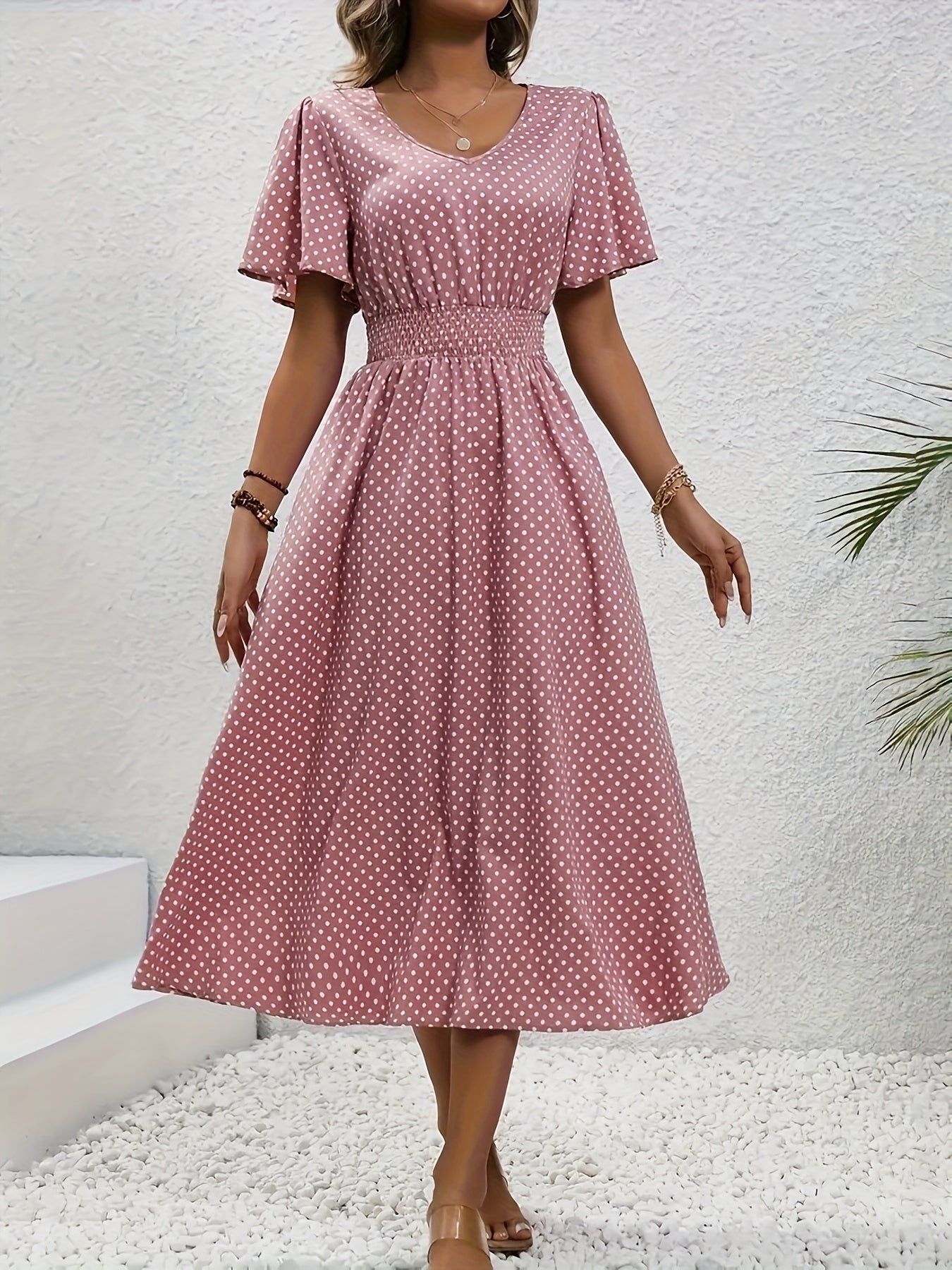 Stylish Pink Polka Dot Midi Dress for Ladies - Casual V-Neck, Ruffled Sleeves, Fitted Waist Design, Made from Lightweight, Ideal for Spring And Summer, Machine Washable