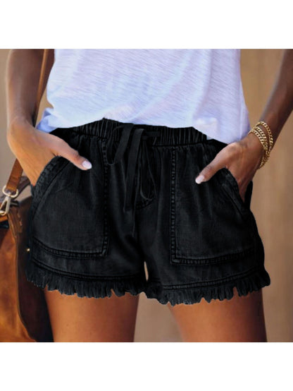 Elastic Waist Fringe Denim Shorts High Waist Casual Versatile Daily Fashion Elegant Sexy