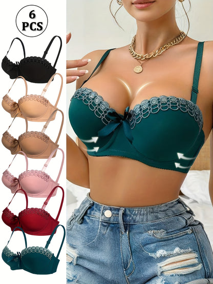 6pcs Pack Women's Push Up Bras with Underwire Lift - Floral Embroidery Balconette/Bra Balconette Suitable for Romantic Dating & Daily Wear, Non-Detachable Padded Cups, High Boning Lingerie Gift for Her
