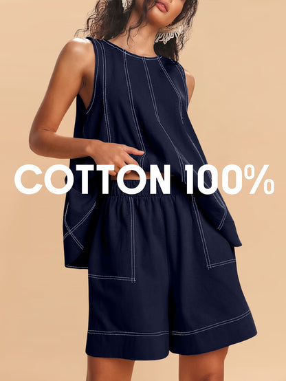 Womens 2pcs Outfits Sleeveless Matching Sets A Line Tank Tops Contrast Stitching High Waist Shorts with Pockets
