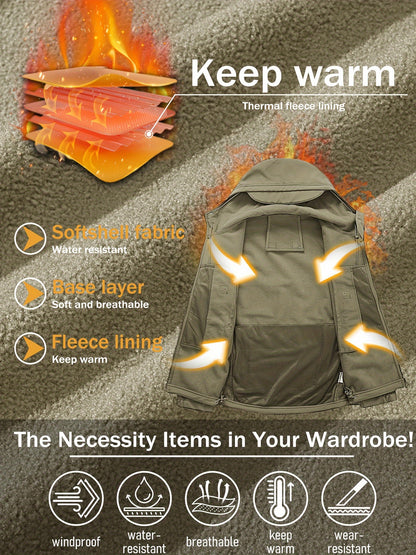 Winter-Ready High-Performance Jacket Men'S Jacket 7 Pockets Nondetachable Hood Performance Lined Soft Shell Winter Coats Windproof, Breathable Great for Camping, Fishing, Skiing Activities And Other Outdoor Activities