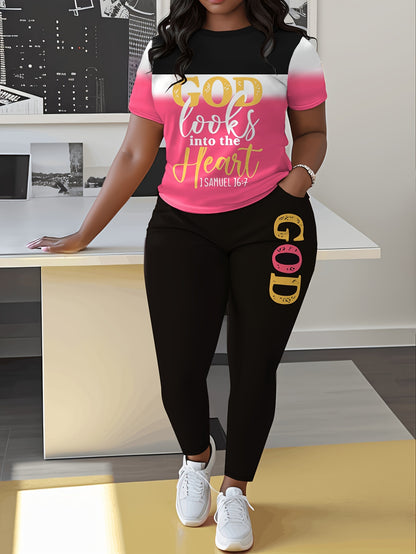 Plus Size, Women's Short-sleeve Long-pants Suit, Gradient Color with God Letter Print, Pants Have Pockets