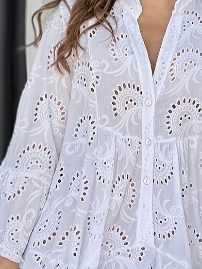 Elegant Mint Green V-Neck Shirt Dress with Bell Sleeves and Lace Cut-Out Detail - Chic Long Casual Dress for Women, Ideal for Home Gatherings and Parties, Casual Party Dress|Bell Sleeve Dress|Machine Washable Dress, Cute Dresses