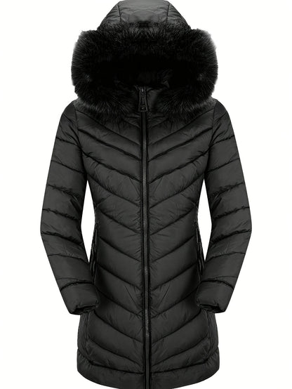 Zip-up Faux Trim Hoodie Puffy Coat, Casual Thermal Long Sleeve Coat for Fall & Winter, Women's Clothing