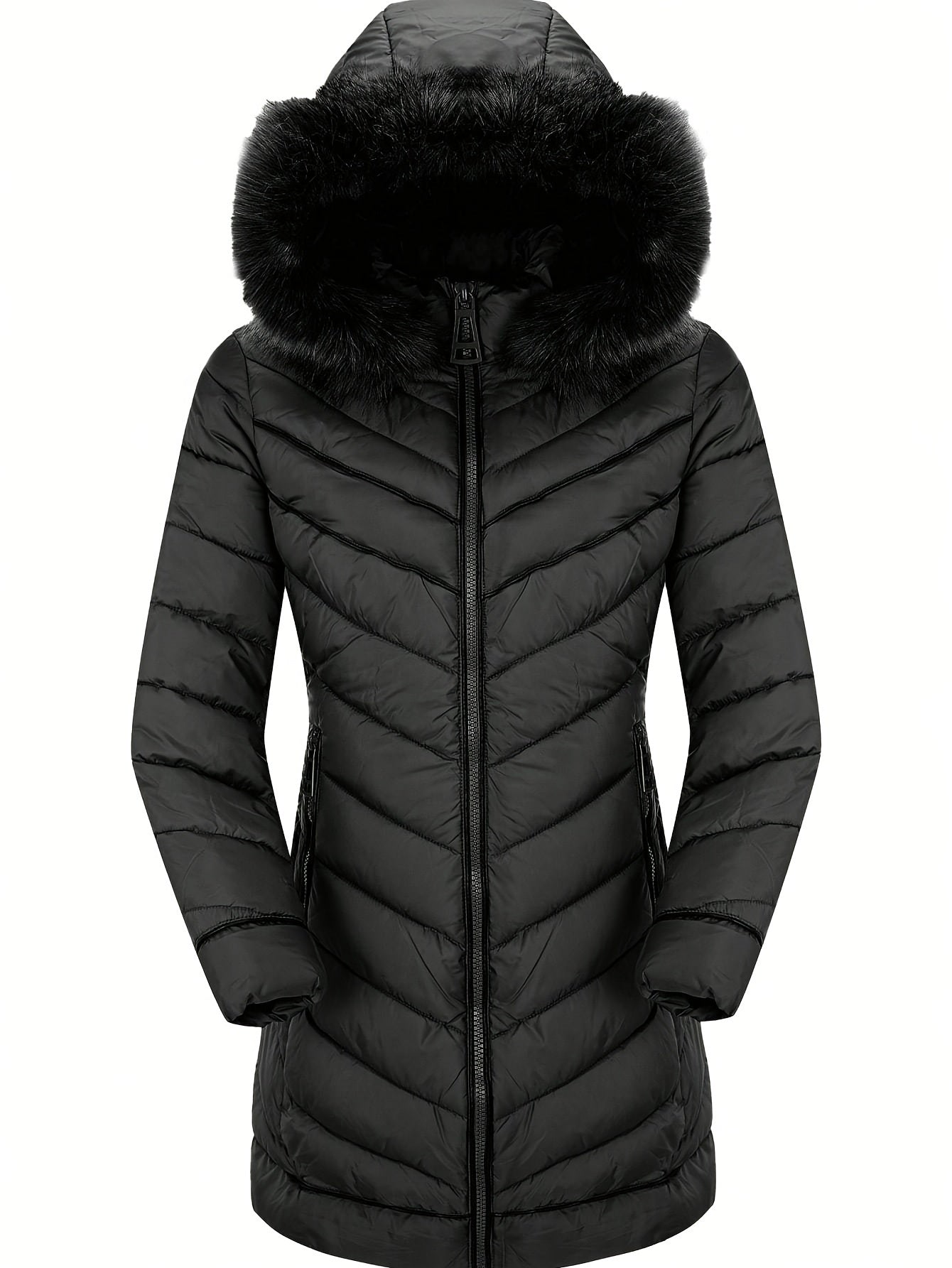 Zip-up Faux Trim Hoodie Puffy Coat, Casual Thermal Long Sleeve Coat for Fall & Winter, Women's Clothing