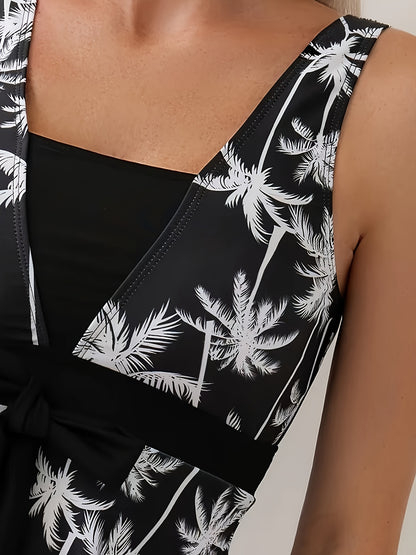 TIDALOLY Plus Size Women'S Casual Palm Tree Print Swimsuit Set with Removable Pads, Strapless Fabric Dress with Shorts, High Stretch Polyester and Spandex Beachwear