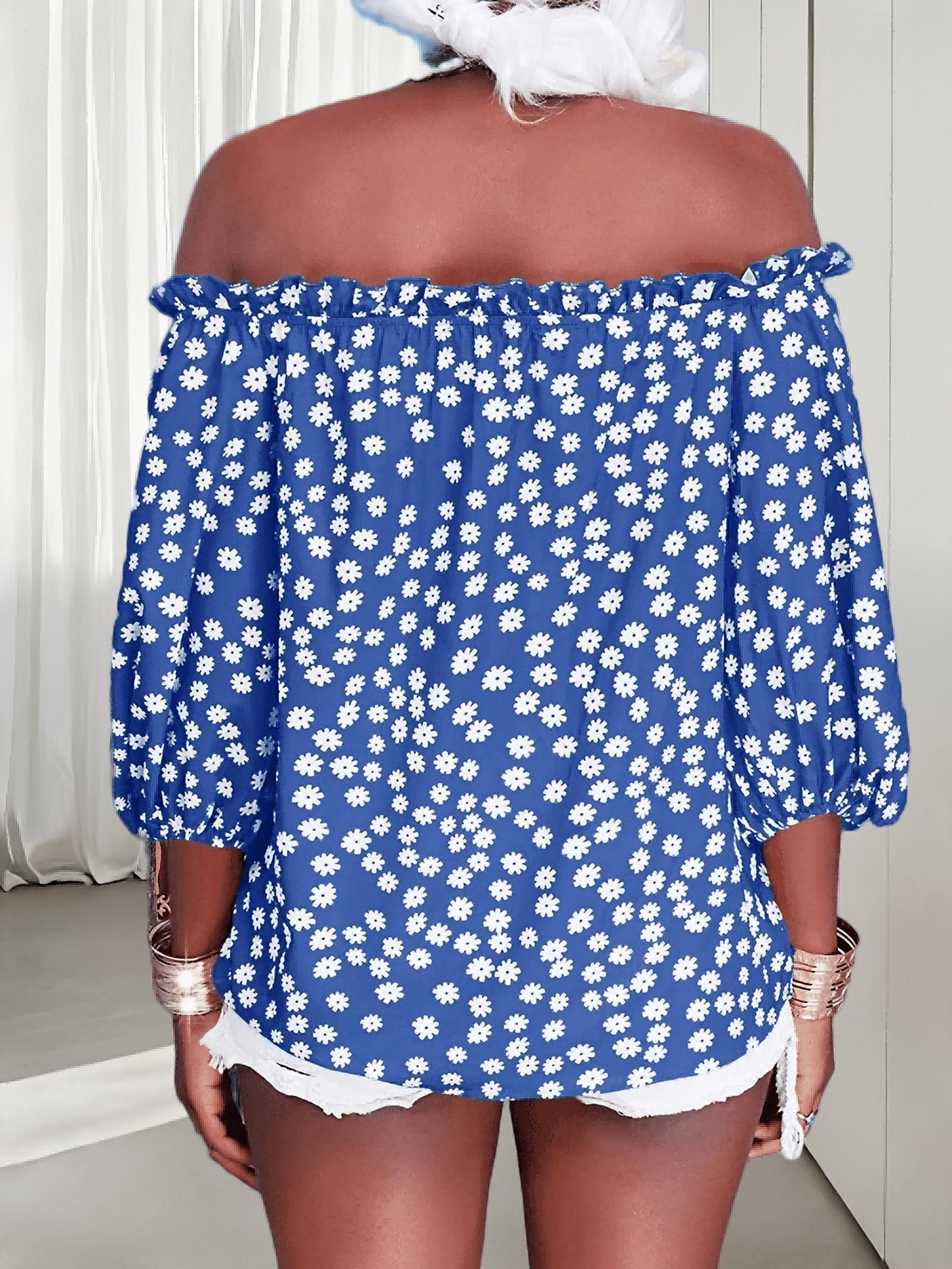 Womens Summer Off Shoulder Blouse Floral Print 3/4 Sleeve Casual Chiffon Tops Shirts