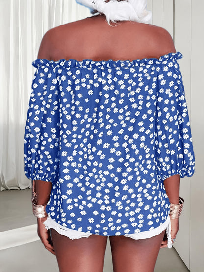 Womens Summer Off Shoulder Blouse Floral Print 3/4 Sleeve Casual Chiffon Tops Shirts