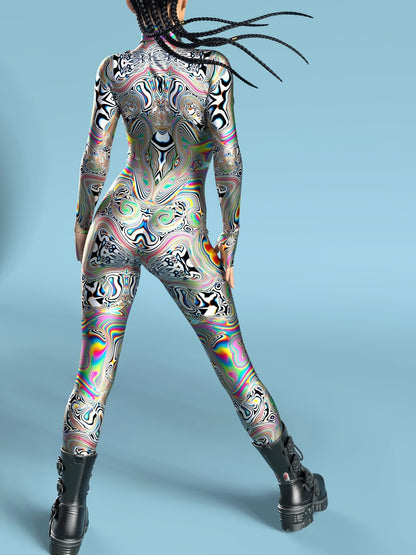 Stretchy Spandex Psychedelic Fractal Print Bodysuit for Women - High-Neck, Long Sleeve, Costume for Halloween & Cosplay Parties