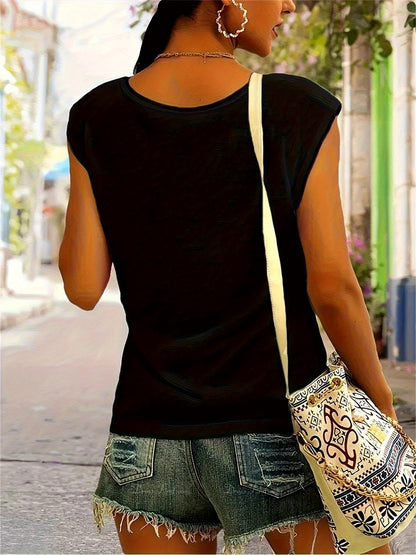 Women's Casual V-neck Sleeveless Vest- Retro "Old Hippie as a Charming Grandma" Pattern Print, Loose-fitting Summer Top, Machine-washable Black Printed Vest, Retro-style Daily Wear, Comfortable Fabric