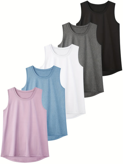 5 Pack Women's Athletic Tank Tops - Quick Drying, Fitness Training Running I-back Design, Breathable Polyester Blend, 2026, Valentine's Day, Gifts
