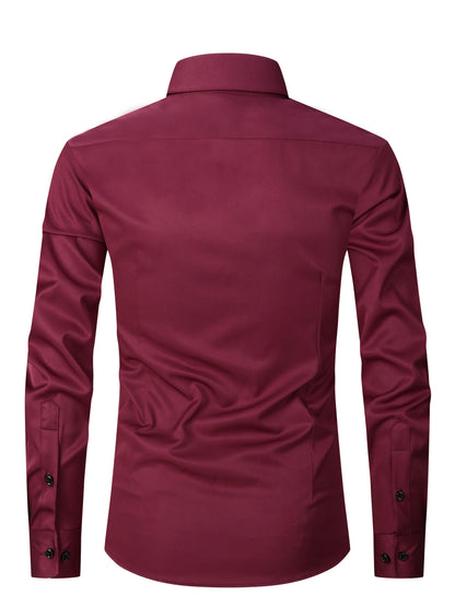 Men's Slim Fit Muscle Shirt - Stretch Polyester Blend Long Sleeve for Body Contouring | Glossy Solid Color Workout & Casual Shirt | Spring/Fall Gym-to-Street Wear (Hand Wash)