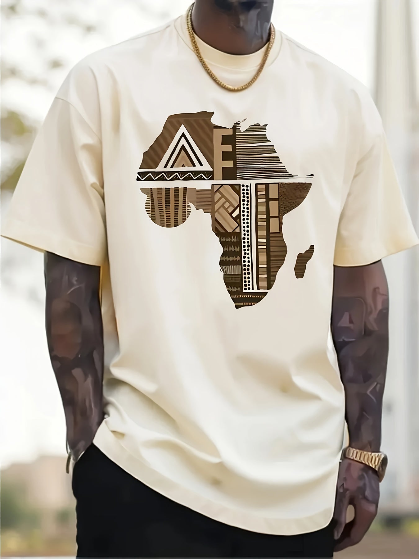 African Map Pattern Printed Round Neck Short Sleeves, Trendy Fashion, Unique Design, Outdoor Street, Hip-Hop Casual Style, Comfortable Fabric, Men'S Short Sleeves, Pure Tops, Spring And Summer Men'S T-Shirts