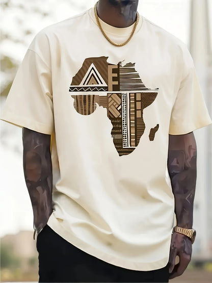 African Map Pattern Printed Round Neck Short Sleeves, Trendy Fashion, Unique Design, Outdoor Street, Hip-Hop Casual Style, Comfortable Fabric, Men'S Short Sleeves, Pure Tops, Spring And Summer Men'S T-Shirts