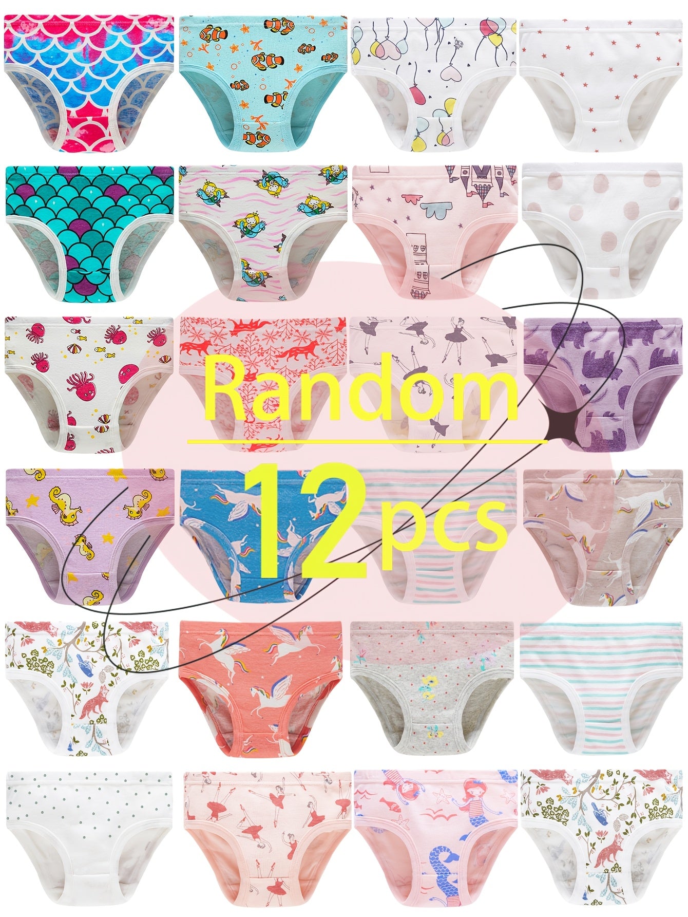 [Random]Randomly Send 12pcs Of Comfortable And Breathable Underwear for Girls with Pattern Elements Like Mermaid, Fox, Zebra, Kitten, Balloon, Castle, Insect, Flower, Pegasus, Etc.