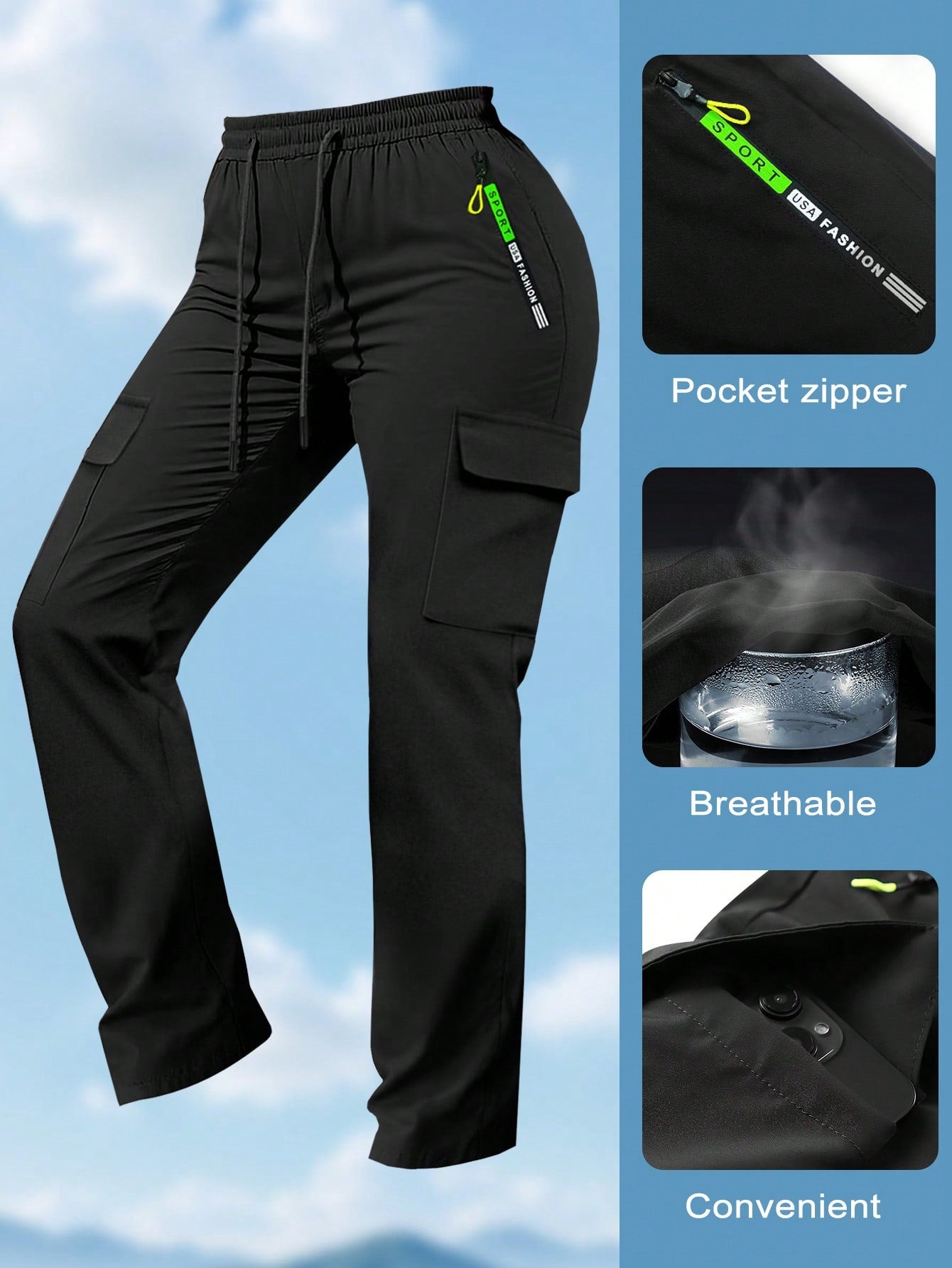 Women'S Spring/Autumn Zipper Pocket Cargo Pants, Fashionable Large Pocket Design, Drawstring Elastic Waist, Casual Outdoor/Daily Wear Slim Fit Trousers