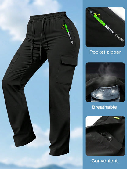 Women'S Spring/Autumn Zipper Pocket Cargo Pants, Fashionable Large Pocket Design, Drawstring Elastic Waist, Casual Outdoor/Daily Wear Slim Fit Trousers