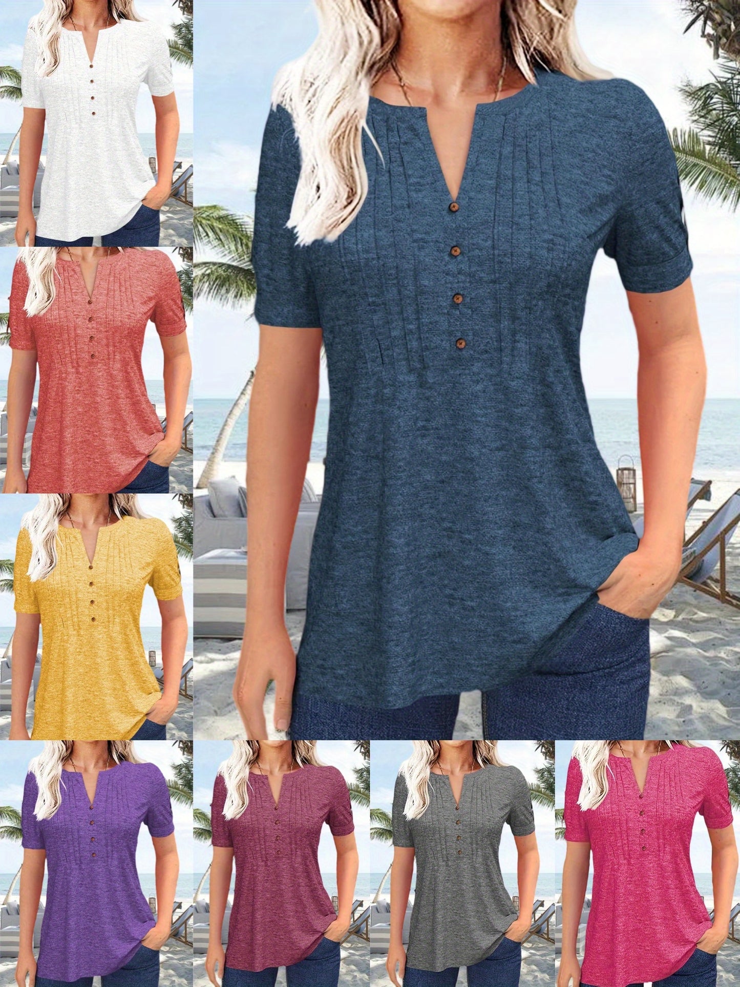 Women's Hot-selling Summer Casual V-Neck Pleated Blouse Short Sleeve Button-Up Solid Color Top