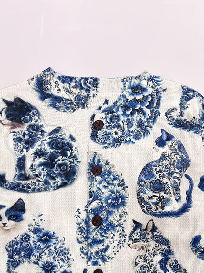 Women's Lightweight 3D Cat Print Cardigan - Open Front Button Detail Sweater, Elegant Casual Chic for Spring Summer Fall, Cat Lover Gift, Cat Clothes, Versatile Layering, Playful Design, Breathable Fabric, Printed Sweater, Women