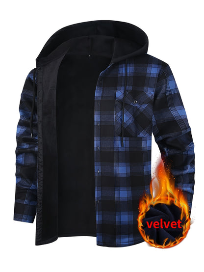 Men's Hooded Heavy Winter Jacket - Plaid Shirt Jacket, Plaid Workwear, Long Sleeves with Pockets, Hand Washable, Suitable for Logging, Activities - Cold Weather Casual Wear, Men's Winter Outerwear, Men's Jacket, Halloween/Christmas Costume