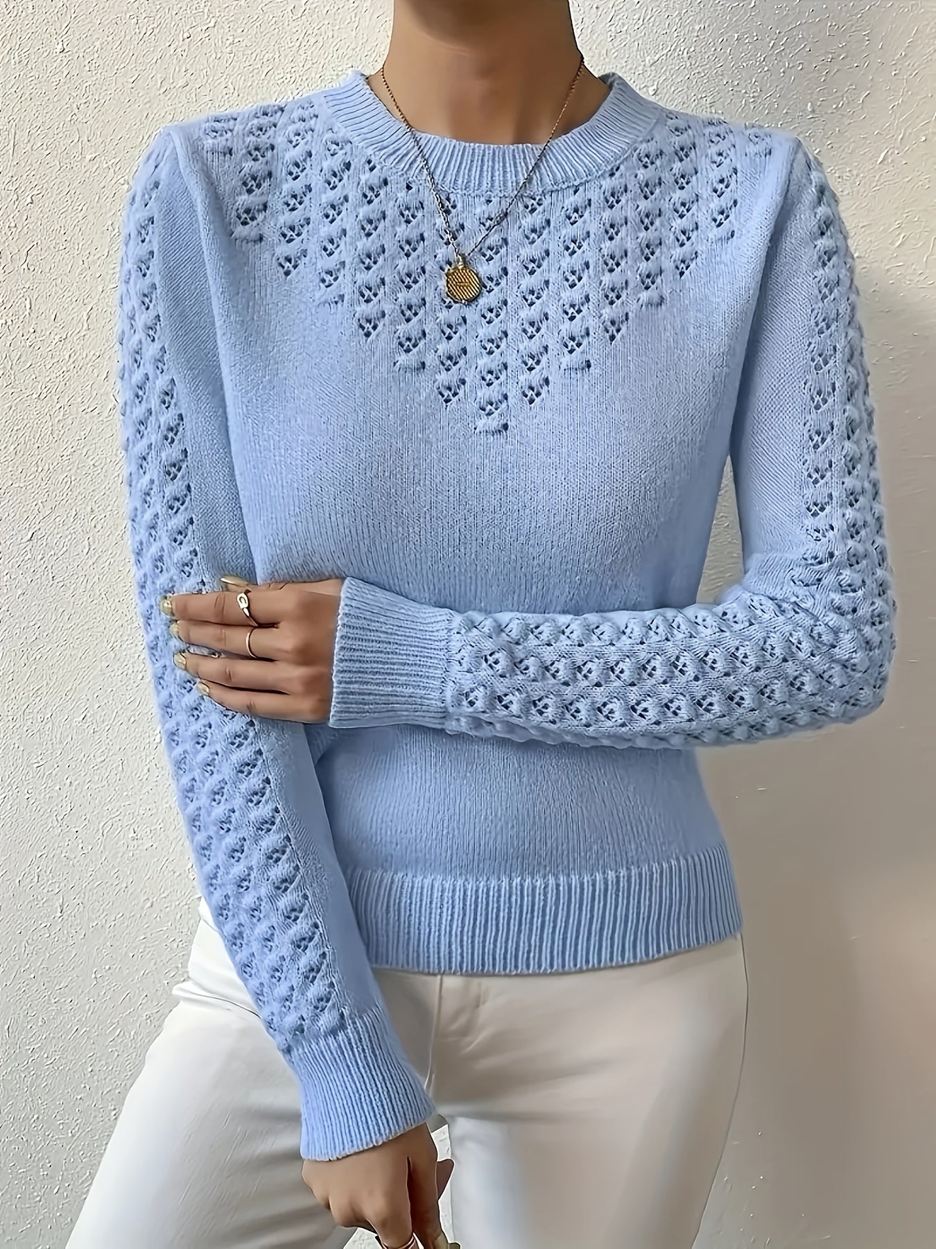Women'S Casual Crew Neck Sweater - Soft Light Blue Pullover with Ribbed Detailing, Long Sleeves, And Front Pockets for Casual Attire, Casual Wear Sweater | Crew Neck Sweater | Construction, Sweater Dress