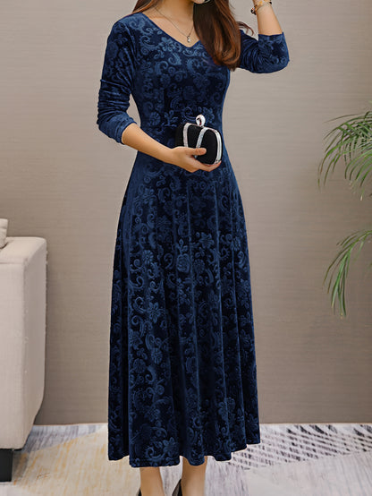 Autumn Women's Velvet Embossed Long Sleeve Dress, Bodycon V-Neck Midi Flared Elegant Evening Party Wedding Guest Gown