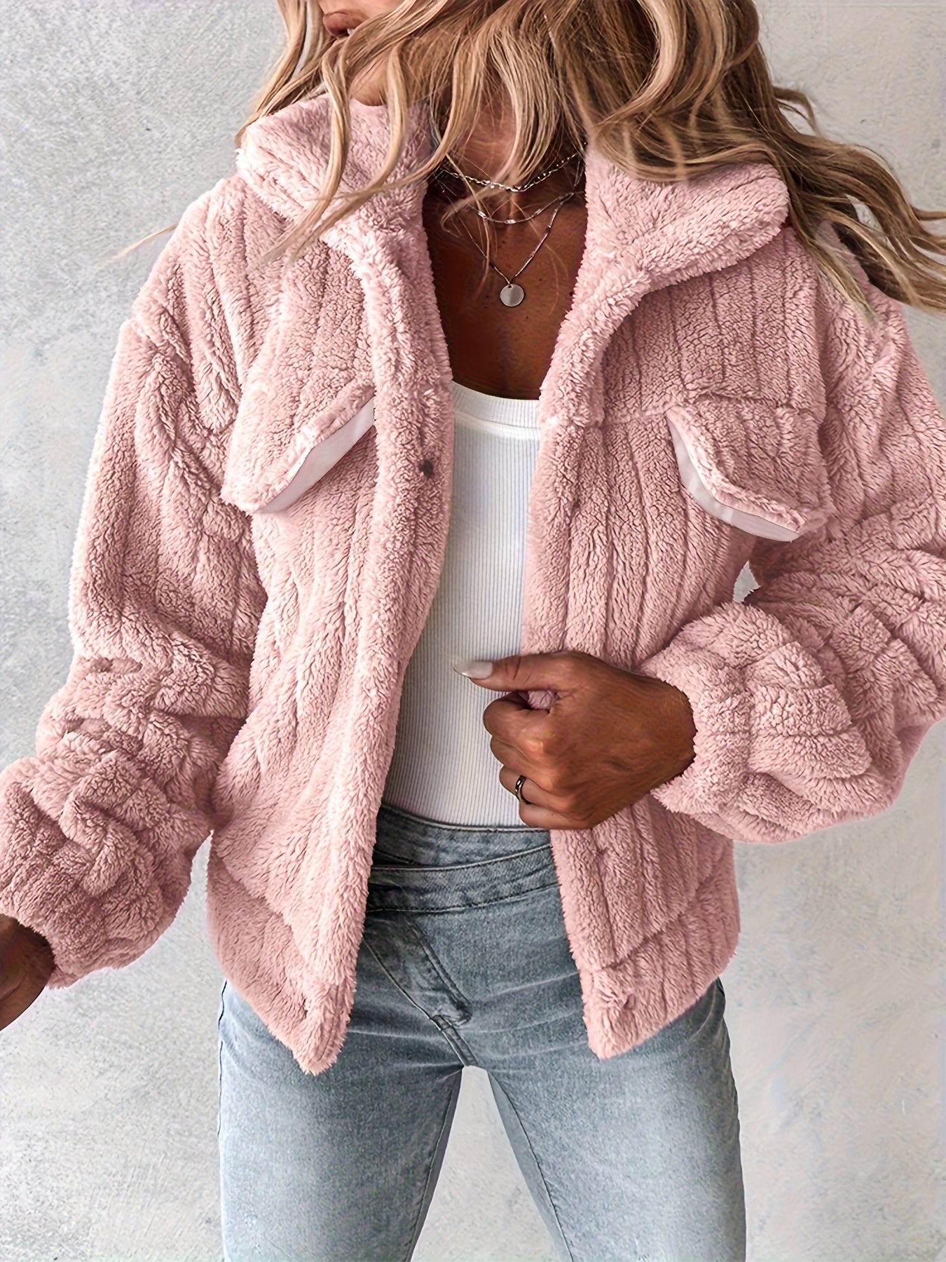 Women's Luxurious Plush Jacket - Soft Pink Winter Coat with Stand-Up Collar & Button-Front Closure, Cozy Blazer Suitable for Outerwear, Machine Washable Warm Jacket for Fall/Winter, Clothing