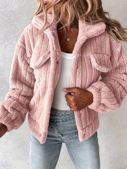 Women's Luxurious Plush Jacket - Soft Pink Winter Coat with Stand-Up Collar & Button-Front Closure, Cozy Blazer Suitable for Outerwear, Machine Washable Warm Jacket for Fall/Winter, Clothing