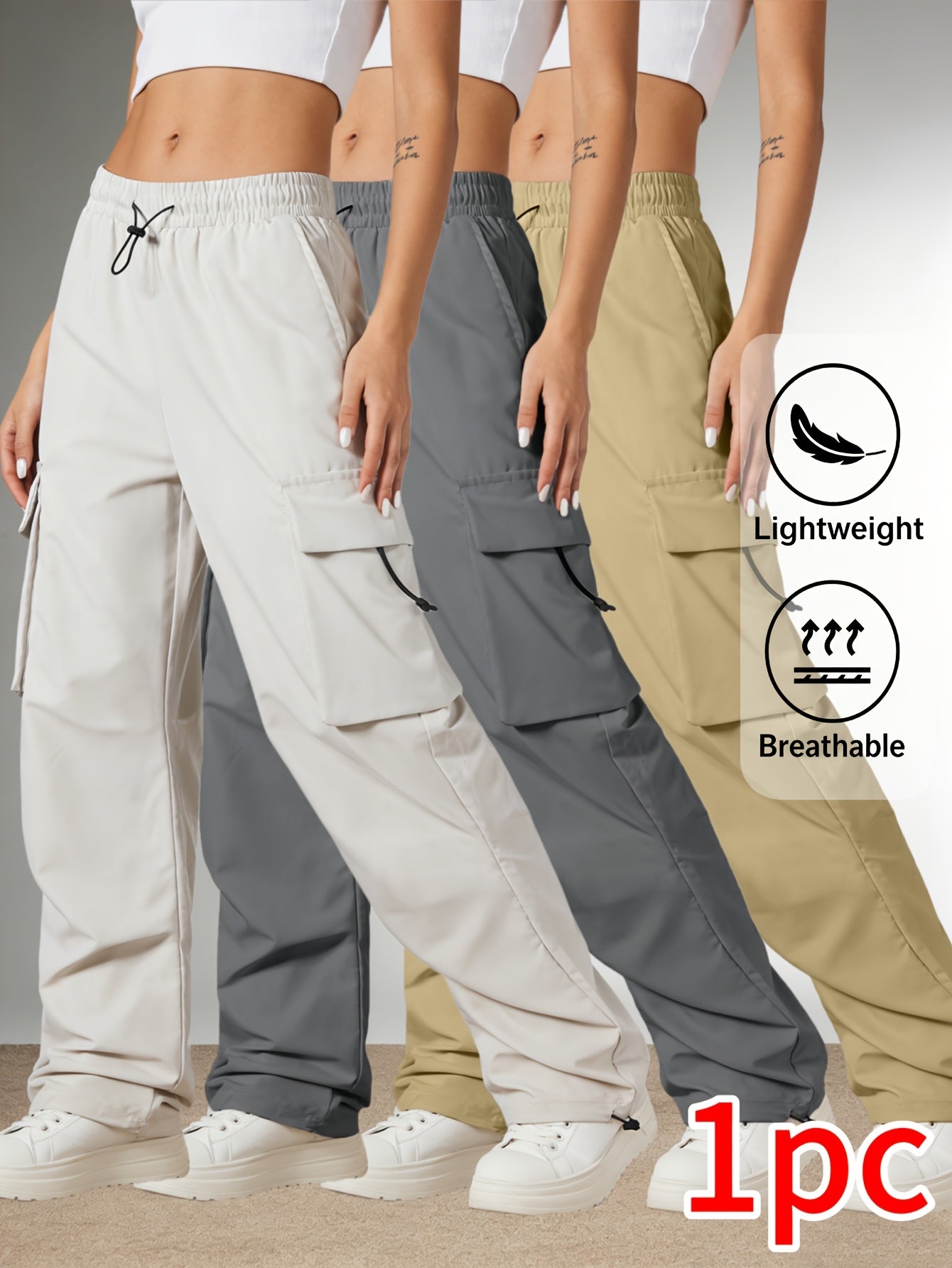 Women'S Casual Cargo Pants, Elastic High Waist Drawstring Loose Wide Leg Trousers, Multi-Pocket Utility Pants, Lightweight Quick Dry, Streetwear Y2K Style, Hiking Outdoor Jogger Pants for Daily/Travel/Workout, Black/Gray/Khaki