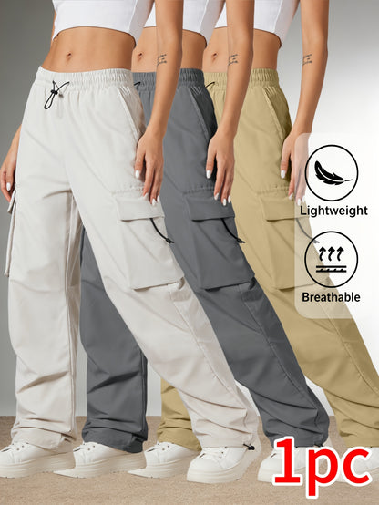 Women'S Casual Cargo Pants, Elastic High Waist Drawstring Loose Wide Leg Trousers, Multi-Pocket Utility Pants, Lightweight Quick Dry, Streetwear Y2K Style, Hiking Outdoor Jogger Pants for Daily/Travel/Workout, Black/Gray/Khaki