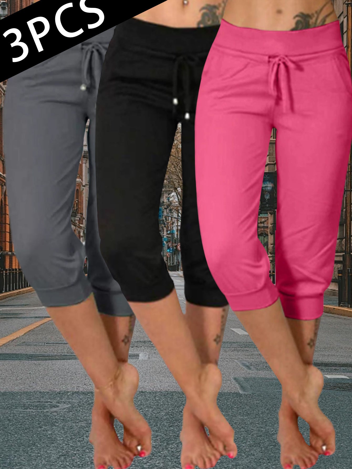 FOEIERAA 3-Pack Ladies' Slim Fit Joggers - High-Waisted, 7/ 8 Length With Drawstring Pockets - Great For Fitness, Errands & Loungewear