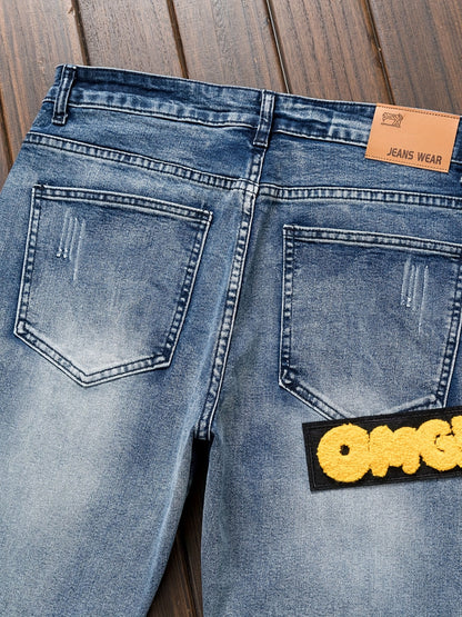 Cool Comfort, Men'S Slim-Fit Stretch Denim Jeans with Punk Skull Print - Versatile Casual Streetwear, Machine Washable