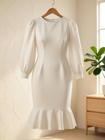 Plus Size - Plus Size - Puff - Sleeved White Mermaid Dress. Trendy for Formal And Chic Events