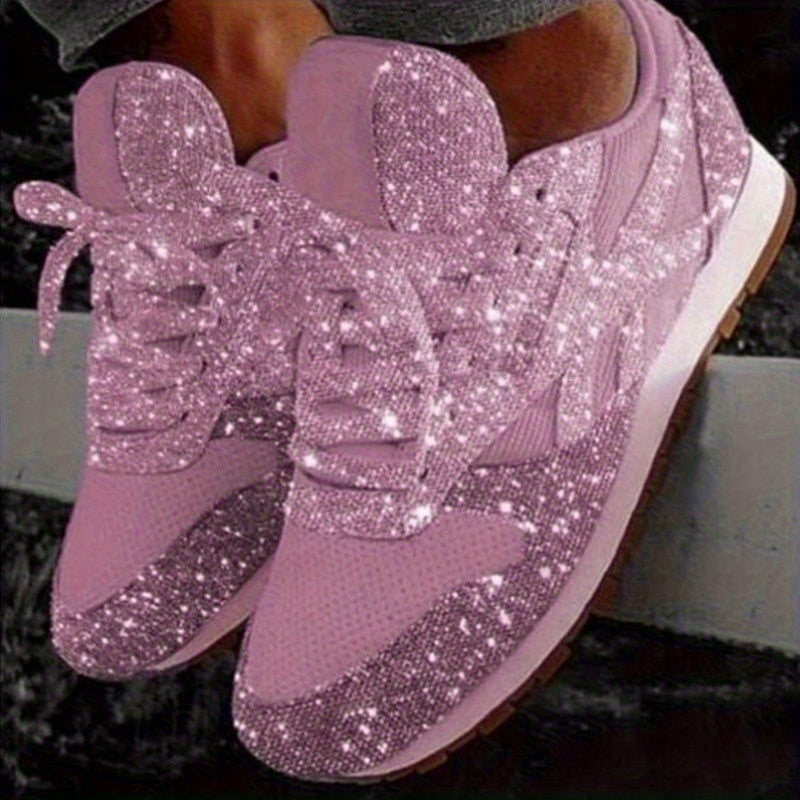 Women'S Slip-On Sneakers Glitter Pink with Sequin Decoration Casual Round Toe Lace-Up Shoes Thick Cushioning Sole PU Material Upper Four Seasons Comfortable Casual Wear Women'S Sneakers, Women Shoes