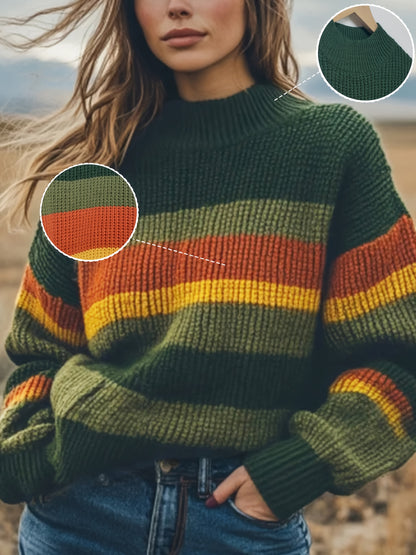 Cozy Fall Winter Stripe Sweater Loose Long Sleeves Pullover Crewneck ForTravelLoungeAndOutdoorUse CasualYetChic 1pc Elegant Top Women's Knitwear