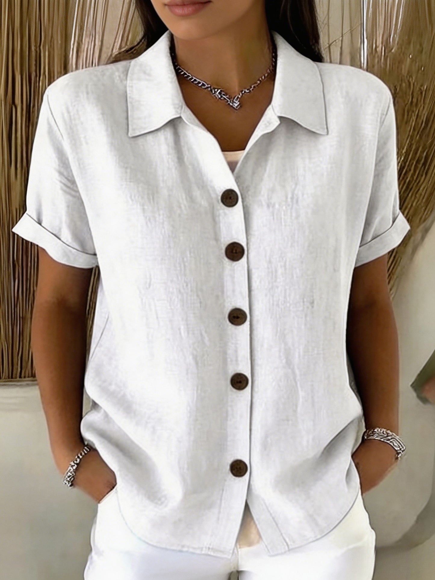[Casual Loose Fit Blouse] Women's Collared Short Sleeve Button Shirt Casual Loose Fit Fashion Blouse for Ladies Spring Summer Daily Wear Office Work Vacation Beach Streetwear Weekend Holiday Travel Outfit Trendy Female Casual Attire Casual Tops