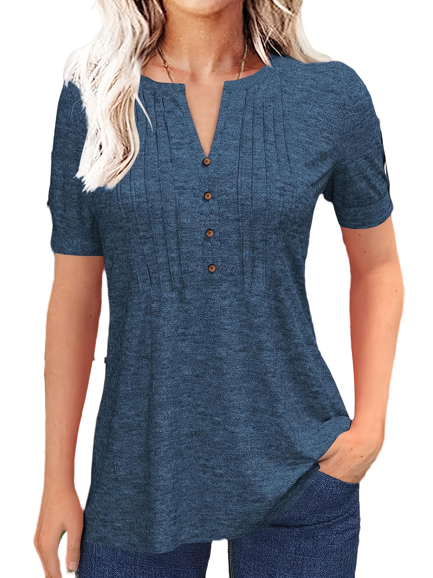 Casual Short-Sleeve T-Shirt for Women, Featuring a Pleated Design And V-Neck in Solid Colors, Perfect for Summer